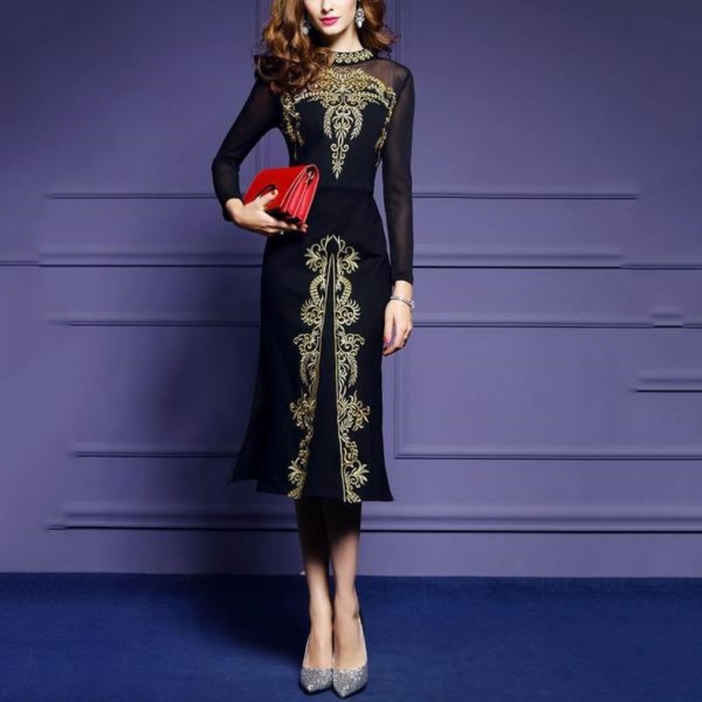 NWT Embroidered Mesh Long Sleeved Evening Dress
